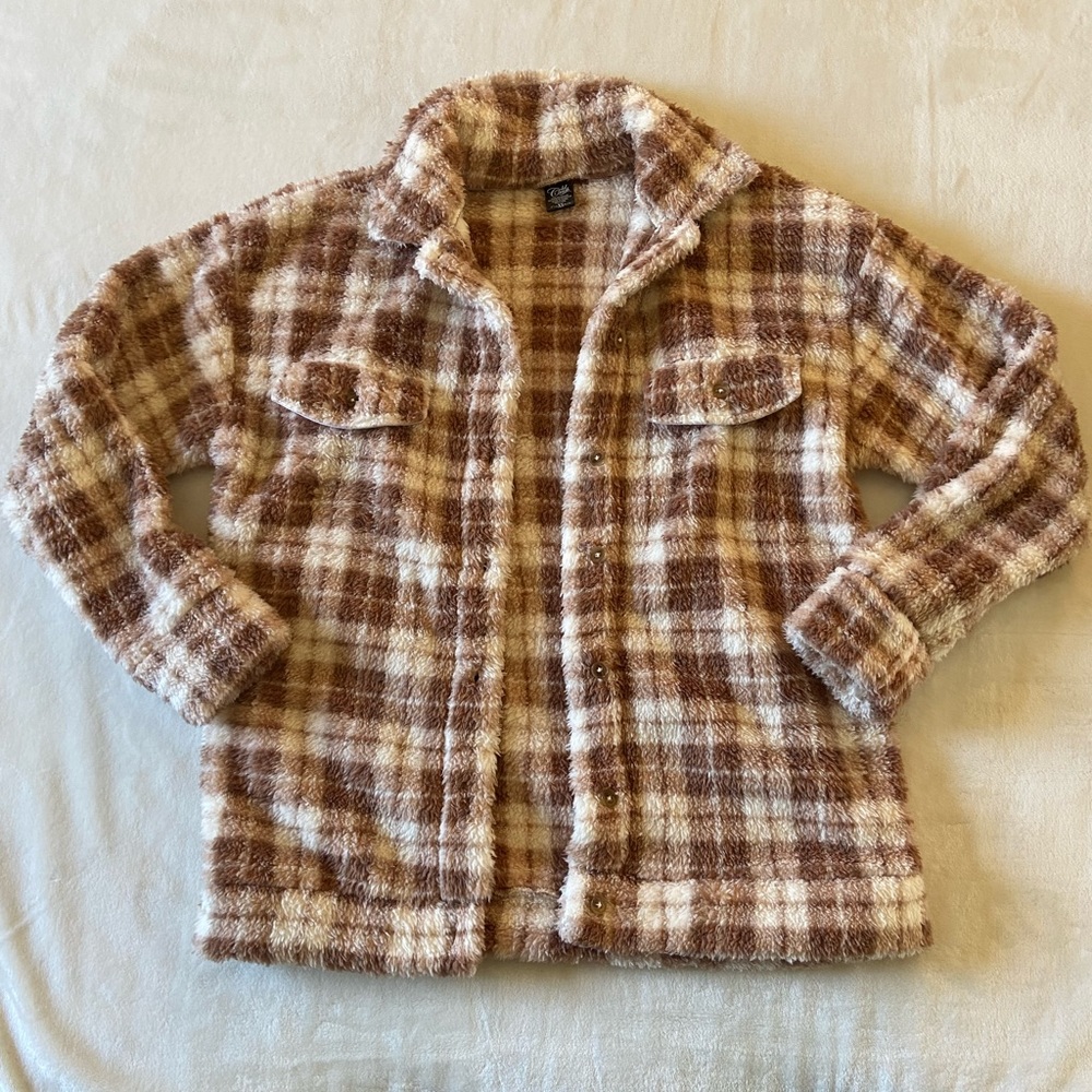 Plaid light brown & cream colored fluffy jacket